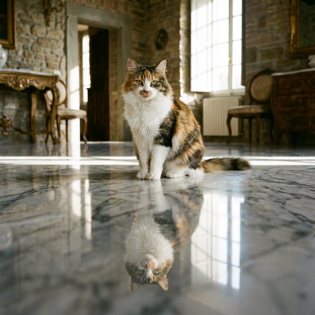 A cat sitting on a polished marble floor with its reflection