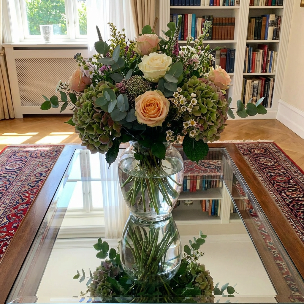 A vase of flowers on a glass table with a clear reflection v