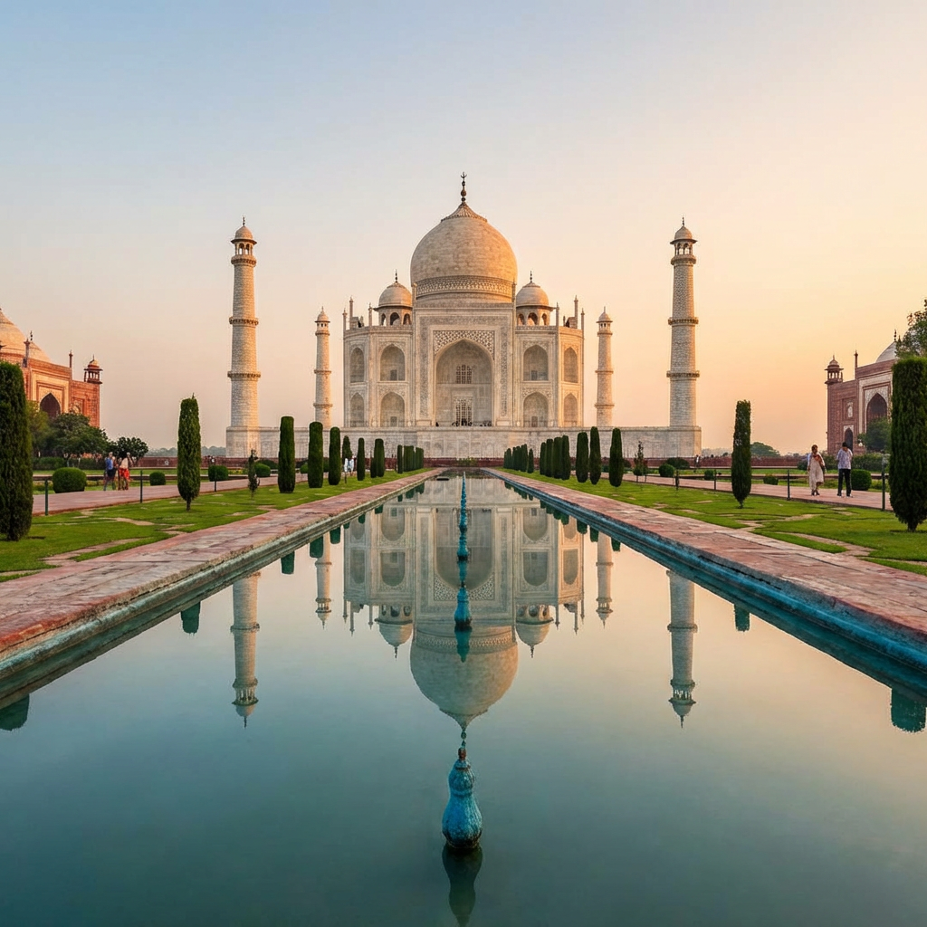 The Taj Mahal in Agra seen from the reflecting pool, with ac