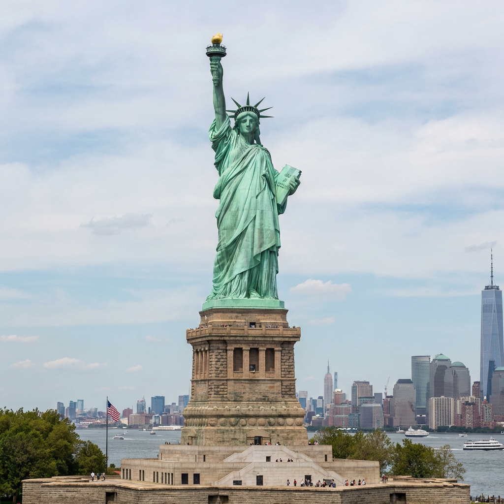 The Statue of Liberty on her island pedestal, with correct t