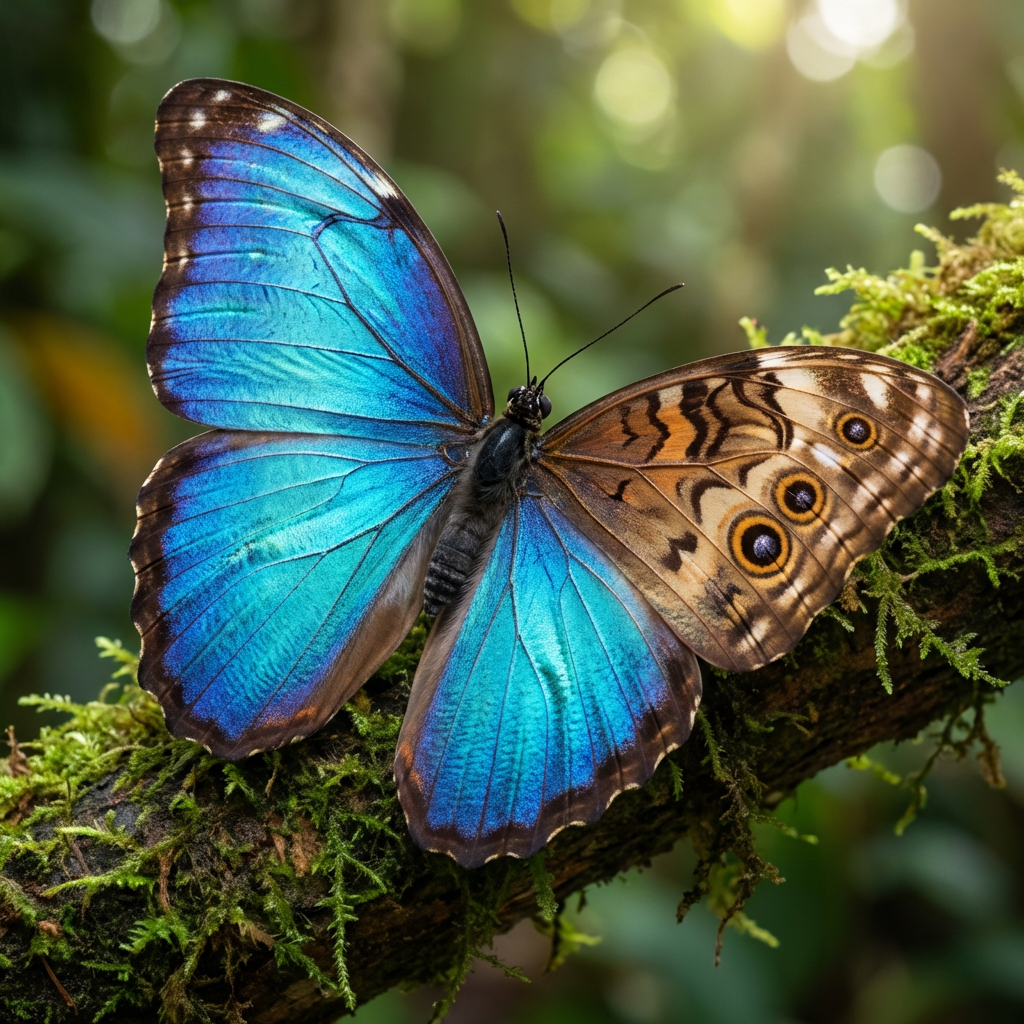 A Morpho menelaus butterfly with accurate iridescent blue do