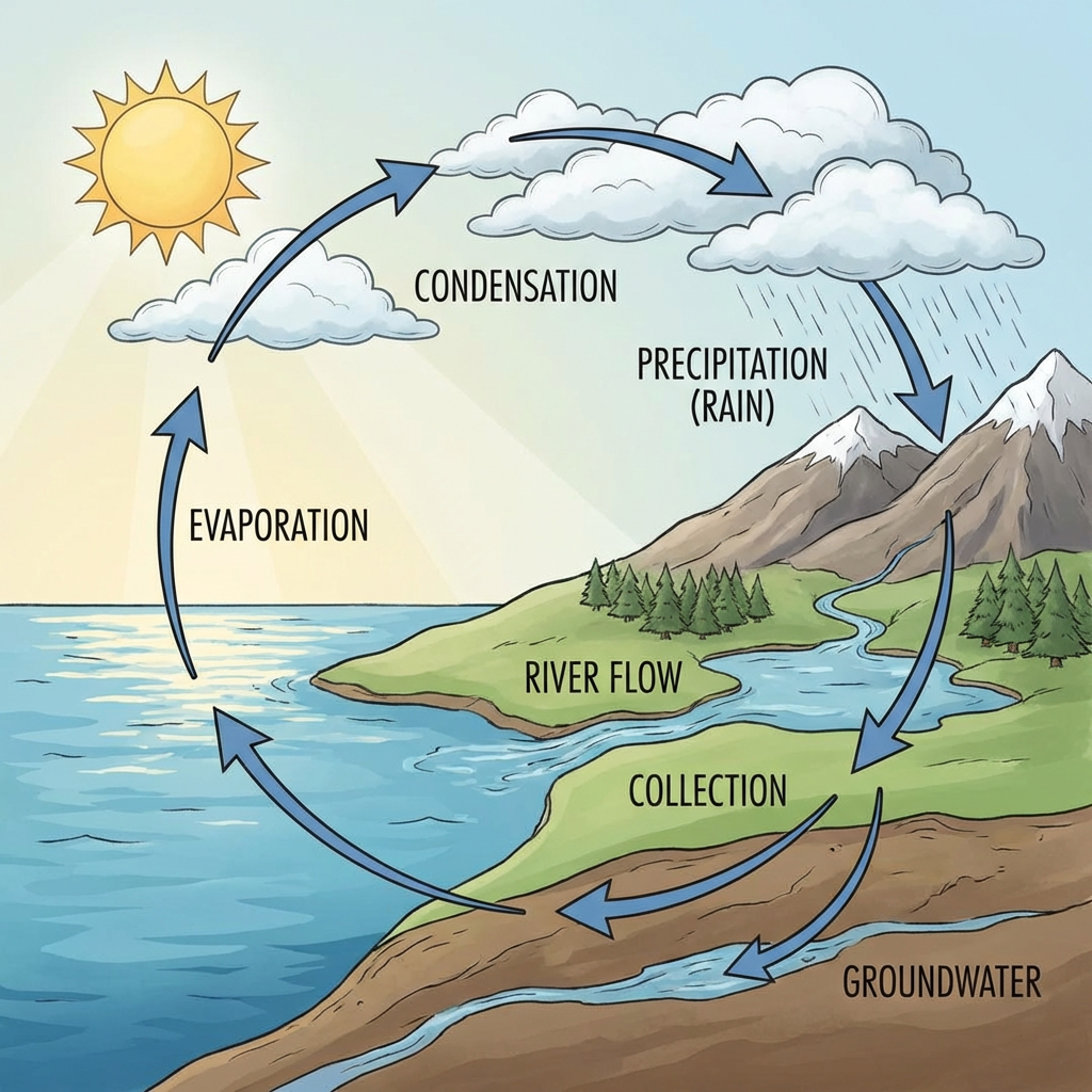 A detailed diagram of the water cycle showing evaporation fr