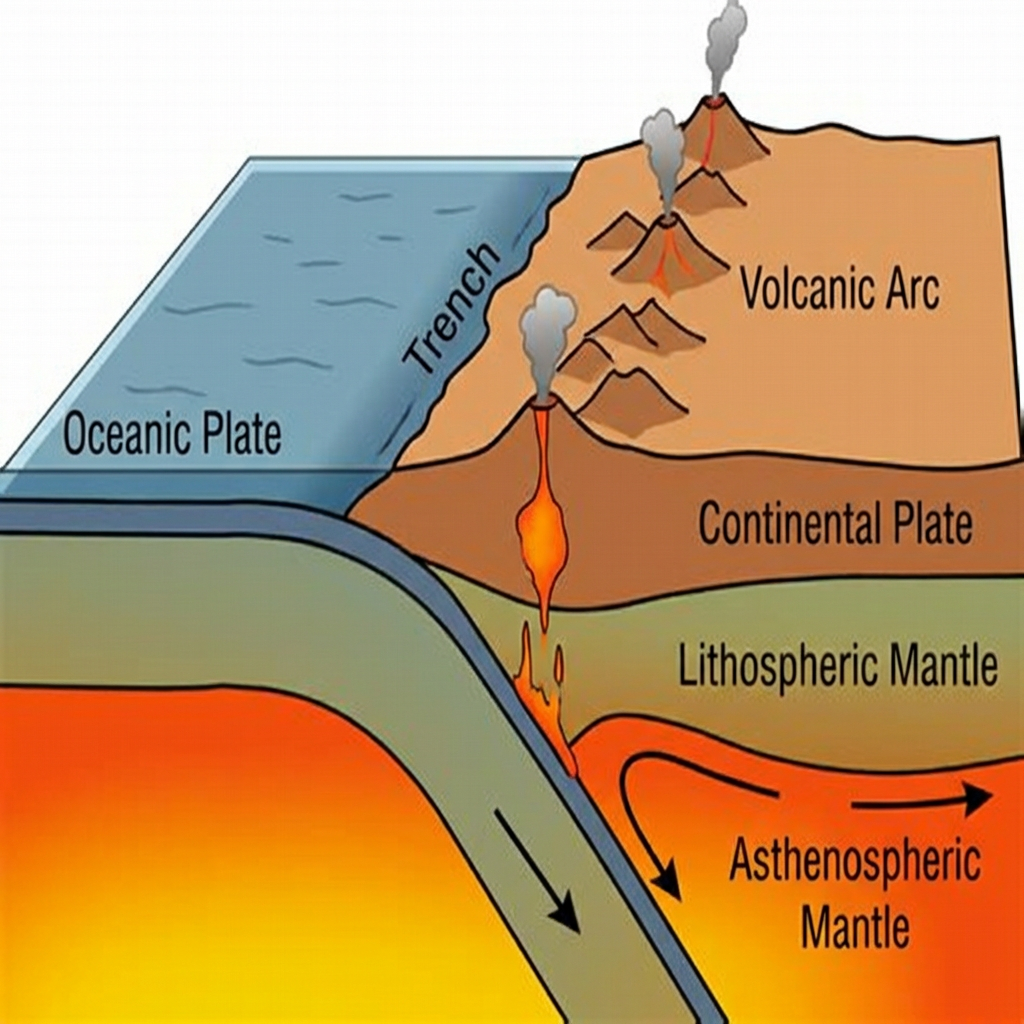 A cross-section showing tectonic plates at a convergent boun