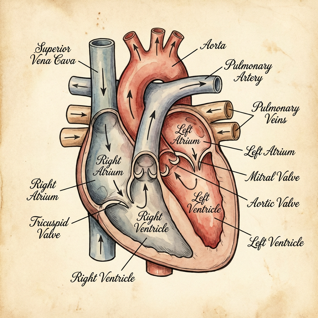An anatomical illustration of the human heart showing four c