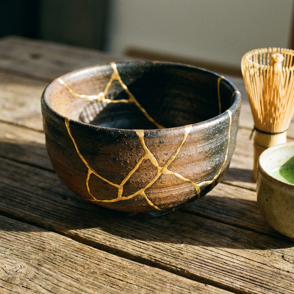 A Japanese kintsugi bowl — cracked ceramic repaired with vis