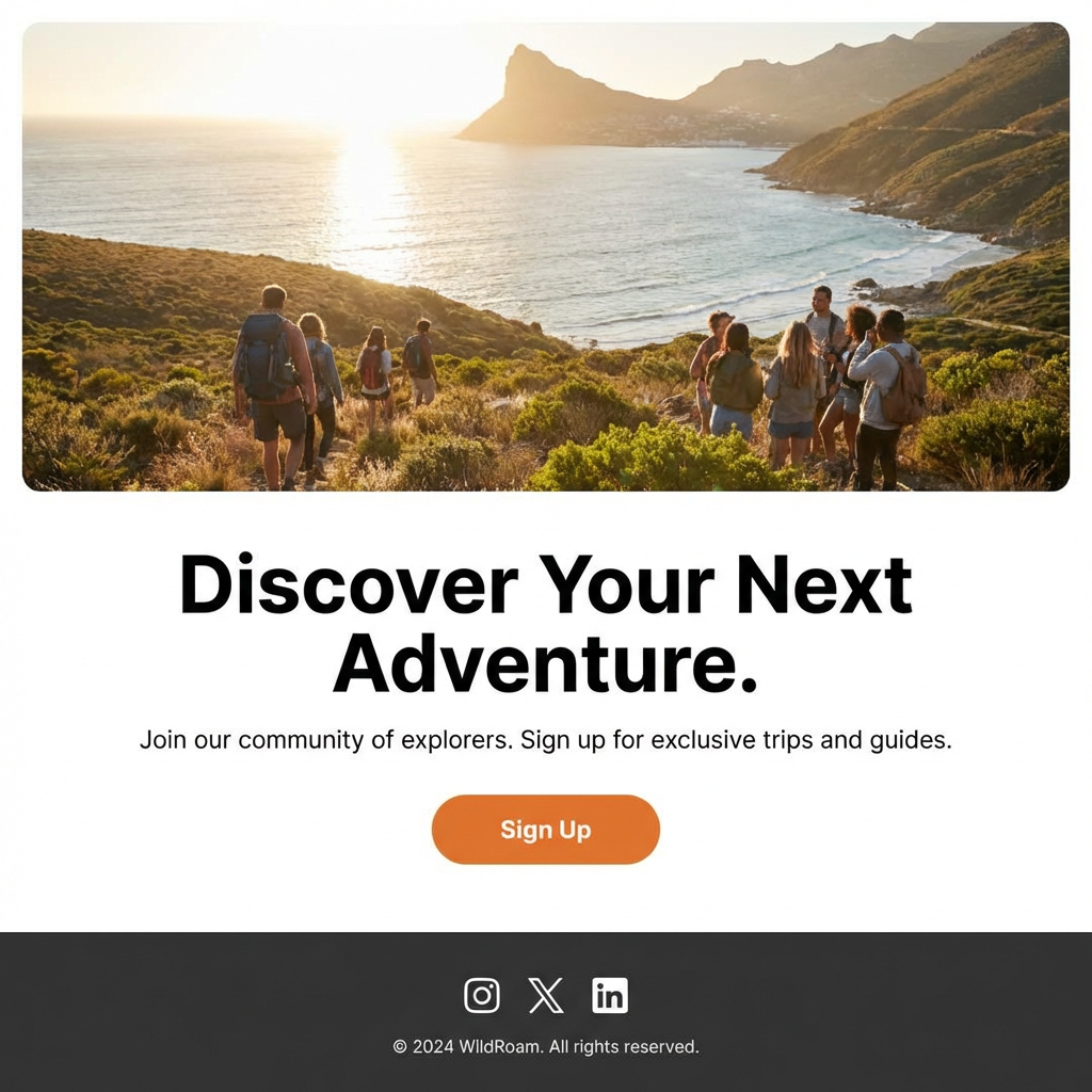 A landing page design with a hero header image at the top, a