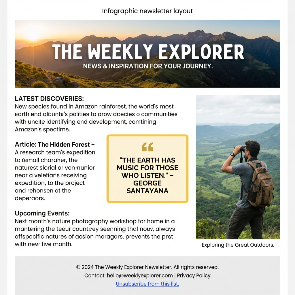 A newsletter layout with a banner image header, a two-column