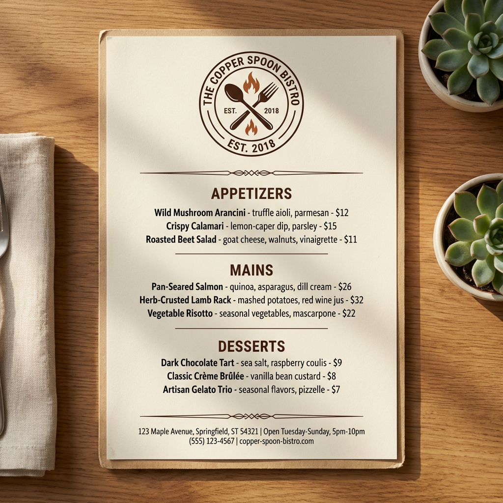 A restaurant menu layout with a logo header, three category 