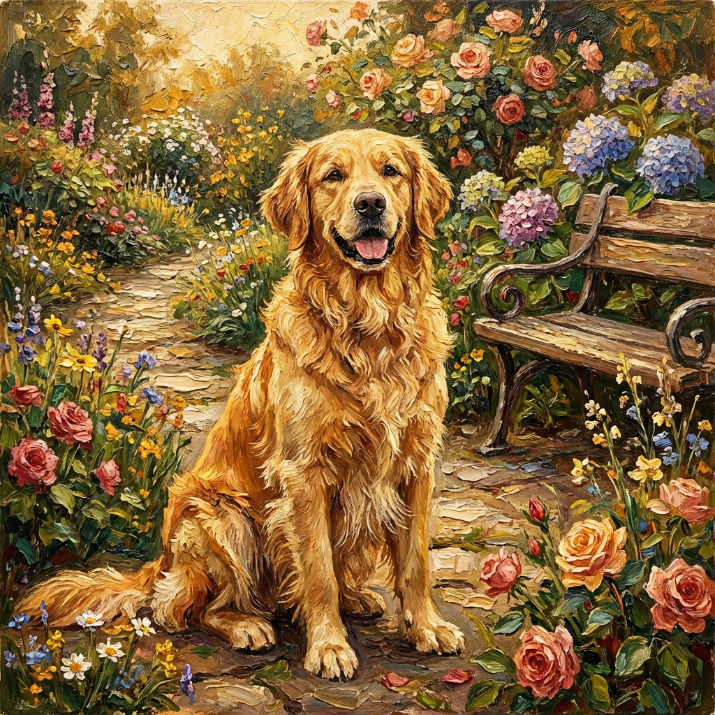 A golden retriever sitting in a garden, painted in the style