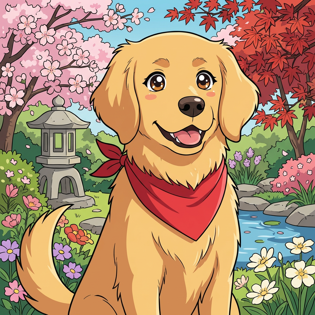 A golden retriever sitting in a garden, rendered in Japanese