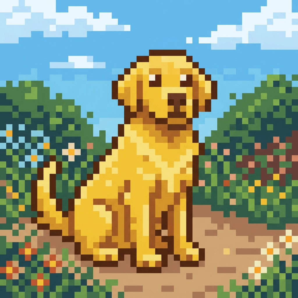 A golden retriever sitting in a garden, rendered in pixel ar