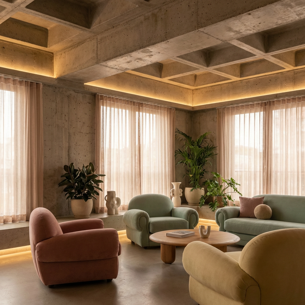 An interior scene rendered in soft brutalism — raw concrete 