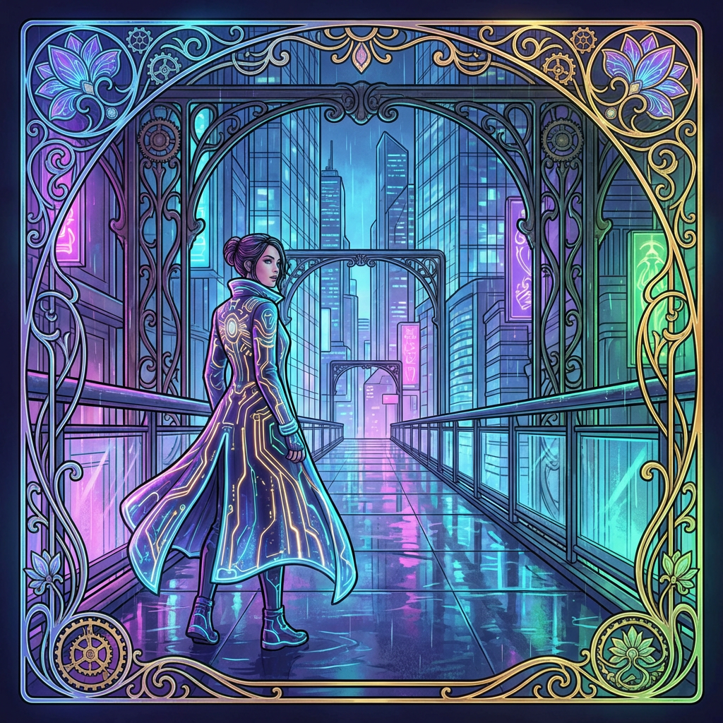 A woman in a futuristic city rendered in cyberpunk Art Nouve