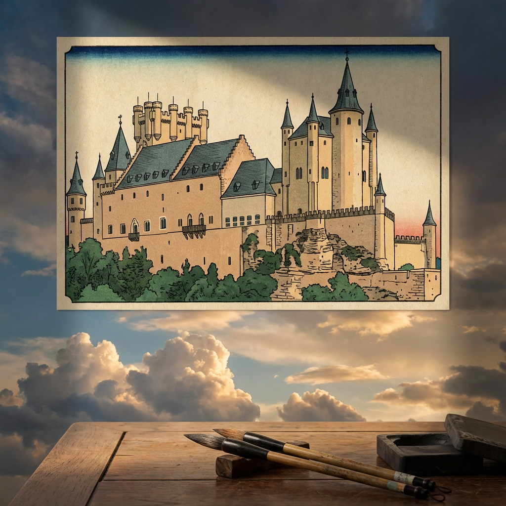 A medieval castle depicted in Japanese ukiyo-e woodblock pri