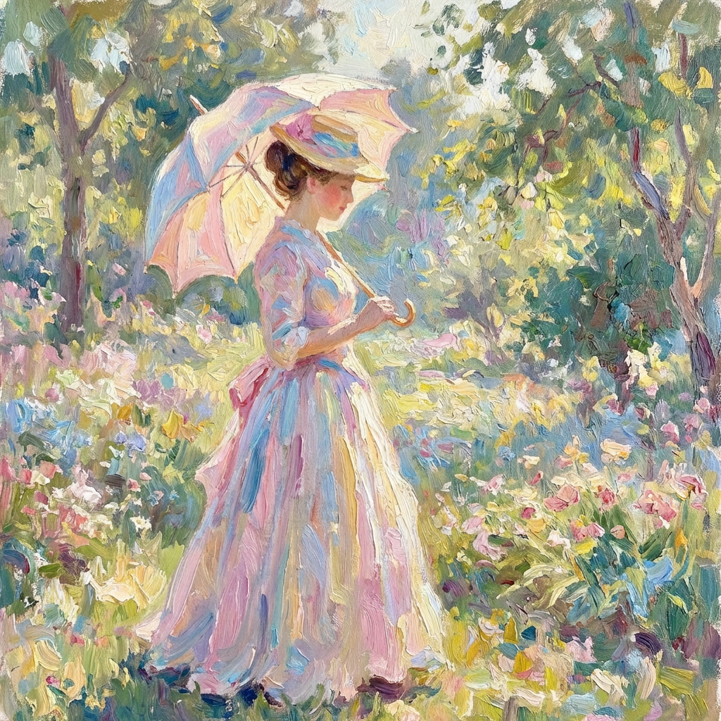 A woman with a parasol in the style of Impressionism — soft 