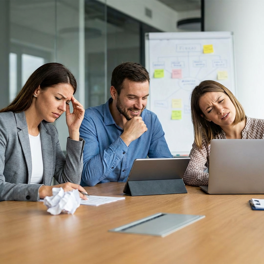 Three coworkers in a meeting: one looking frustrated with fu