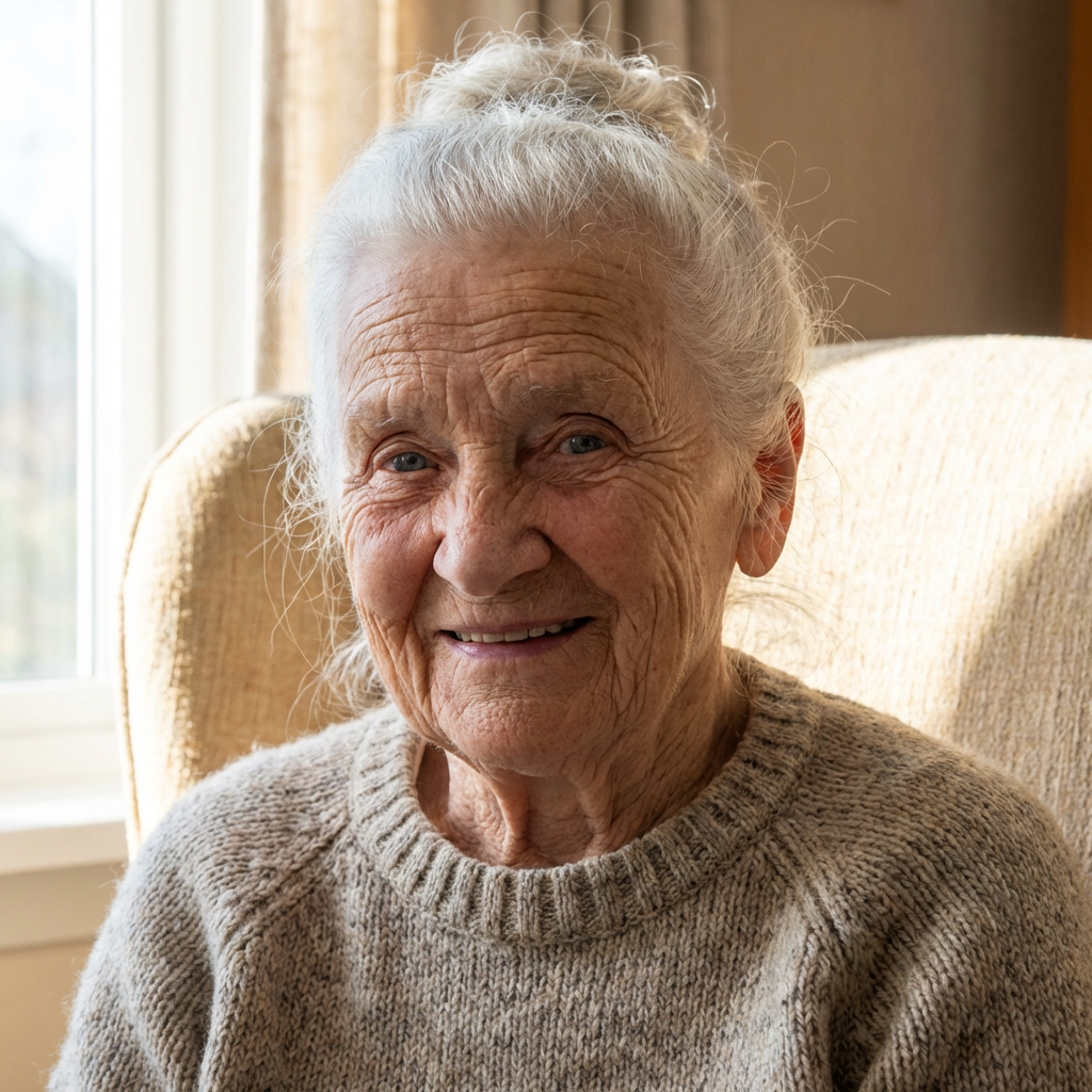 An elderly woman in her 80s with deep wrinkles and white hai
