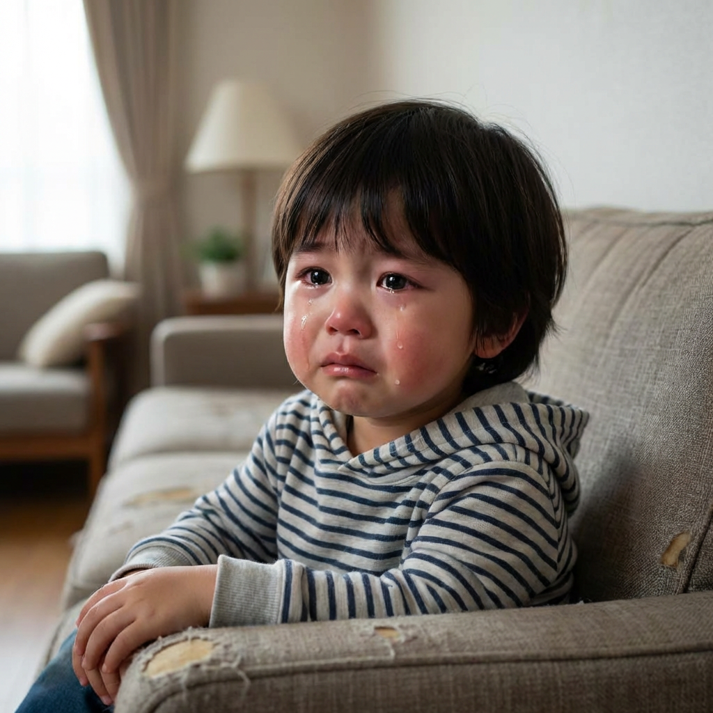 A 5-year-old child with round cheeks and large eyes, crying 