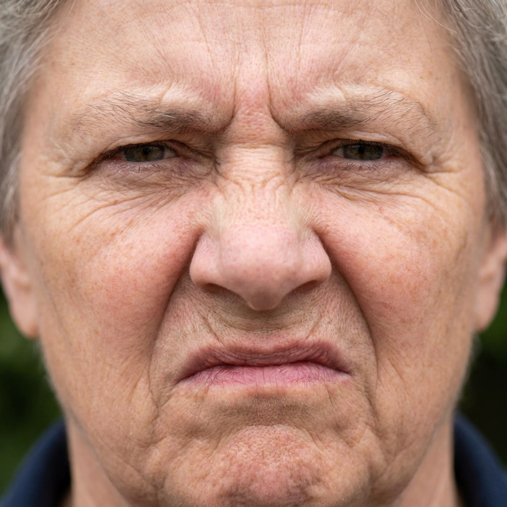 A close-up of a person's face showing clear disgust, nose wr