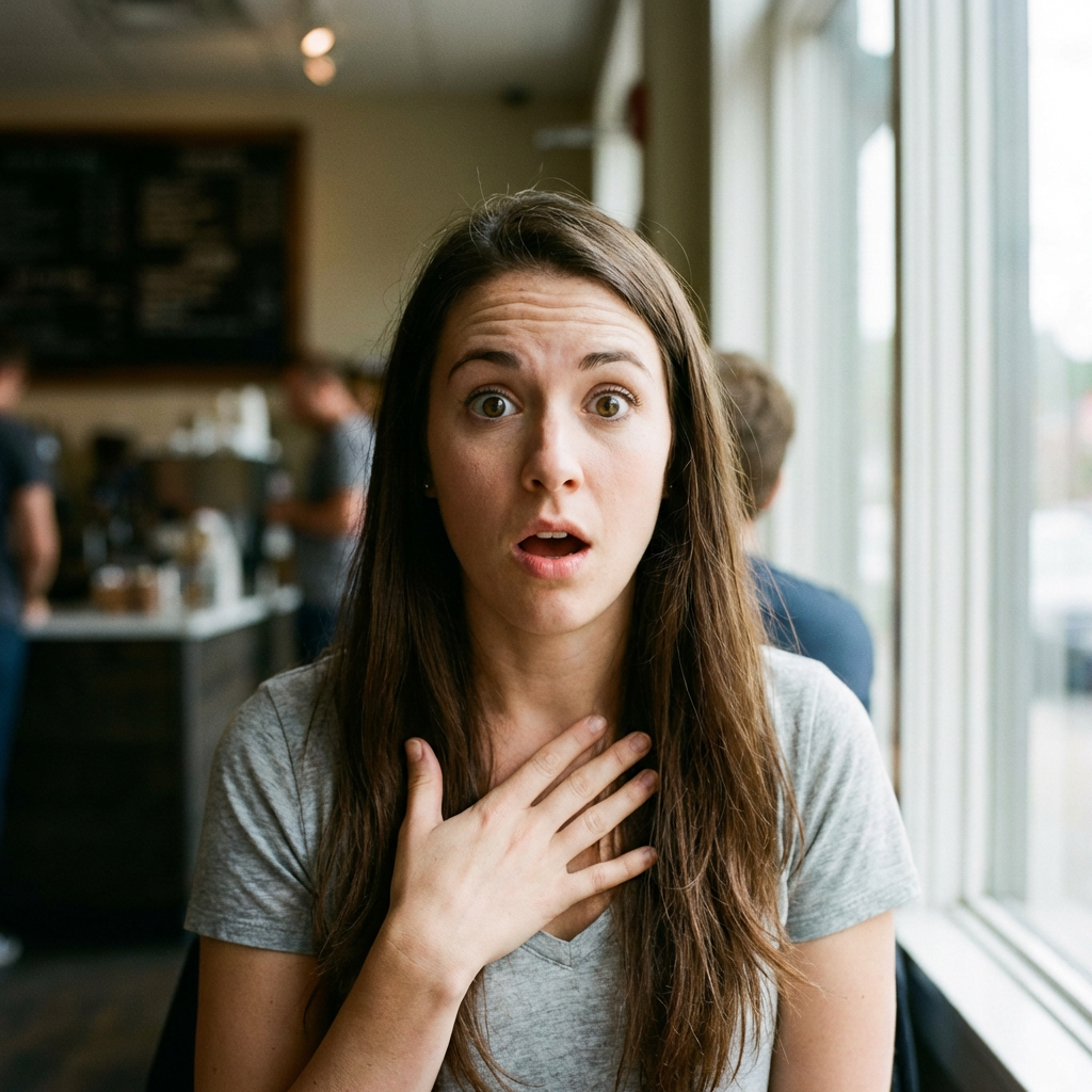 A portrait capturing genuine surprise — raised eyebrows, wid