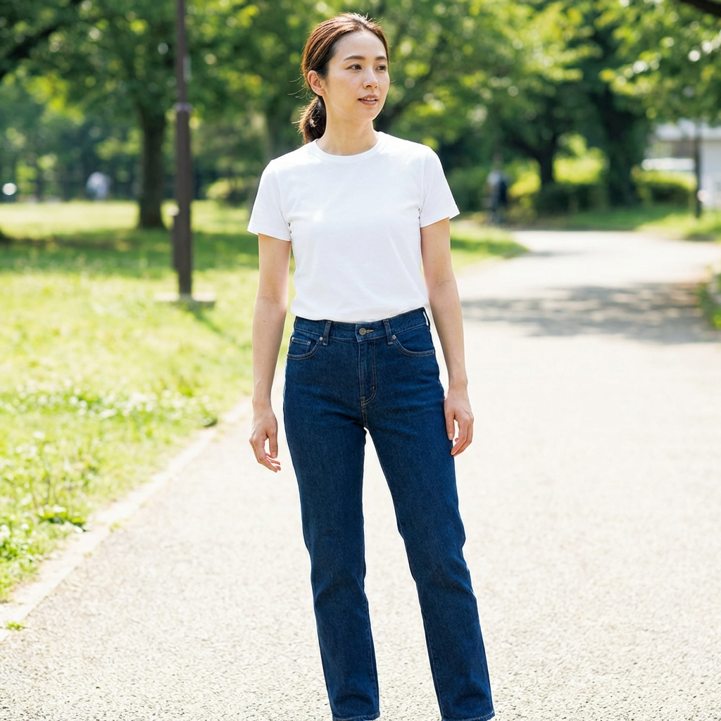 A woman standing upright in a relaxed pose, arms at her side