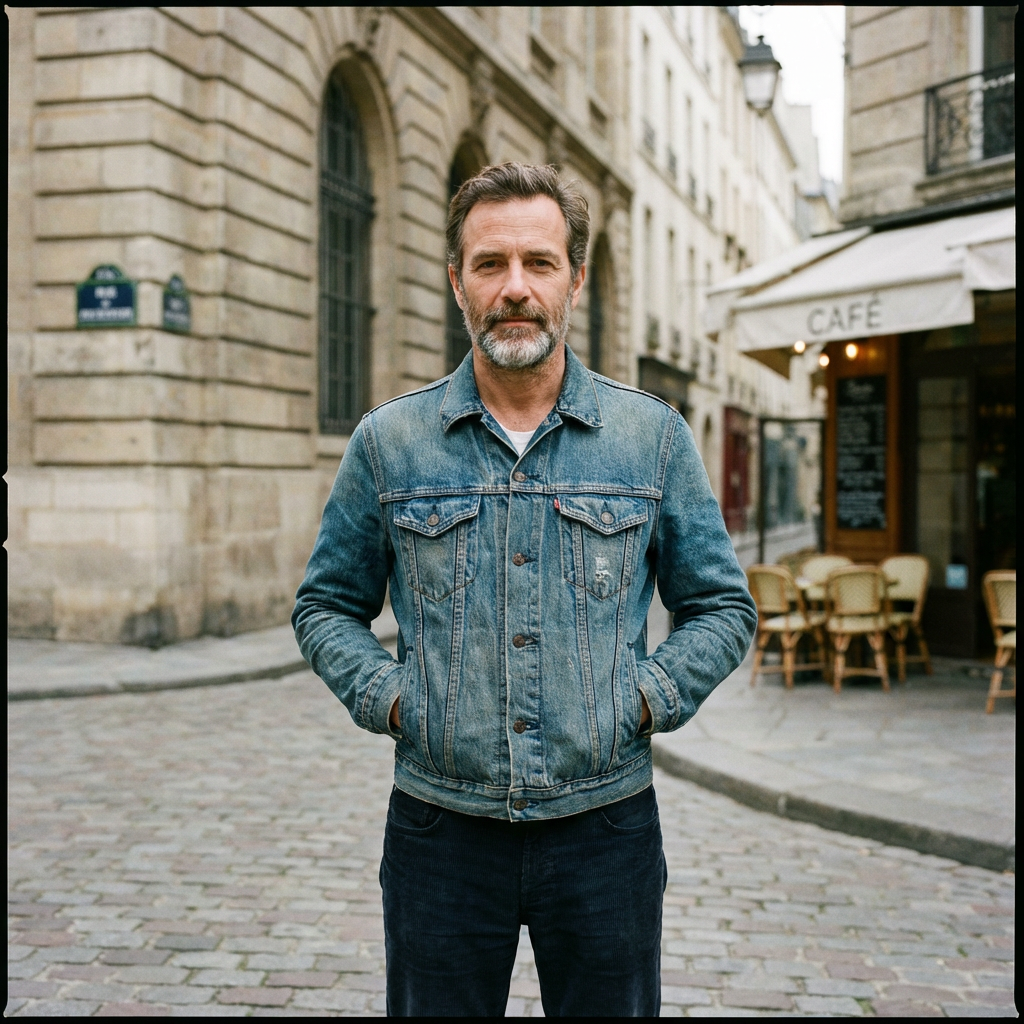 A man standing straight facing the camera, hands in pockets,