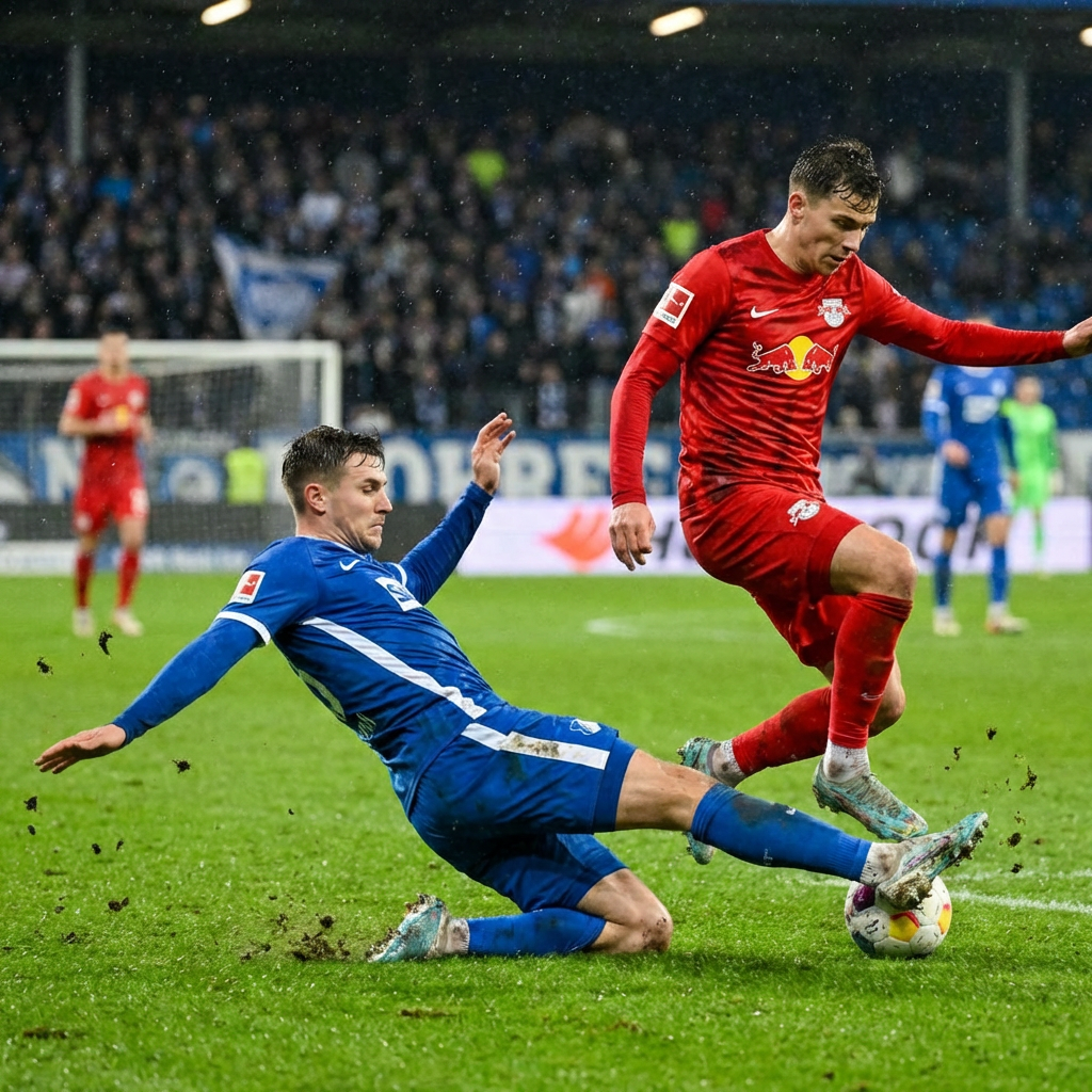 Two soccer players mid-tackle, one sliding and the other jum