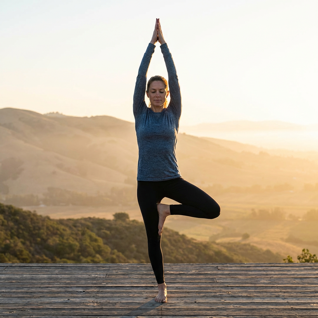 A person in a yoga tree pose — standing on one leg with the 