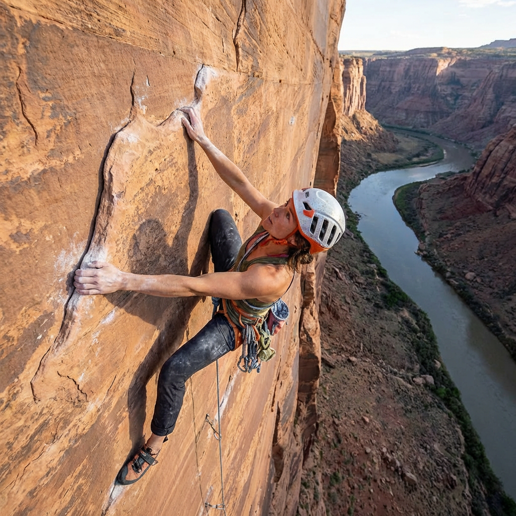 A rock climber clinging to a cliff face with arms and legs e