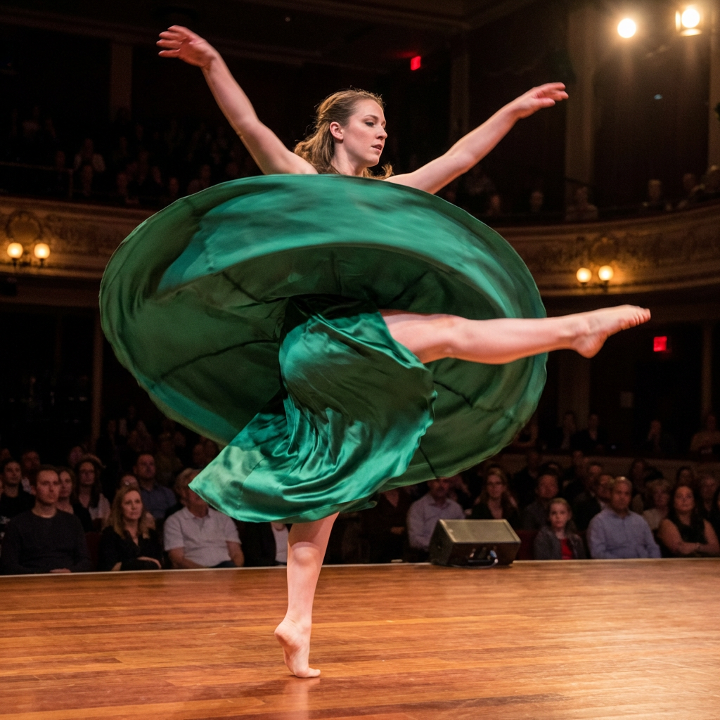 A dancer in a dynamic spin, dress flowing outward with one l