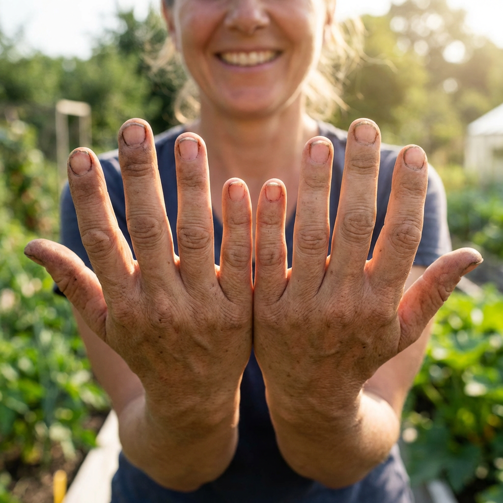 A woman holding her hands out in front of her palms-up, all 