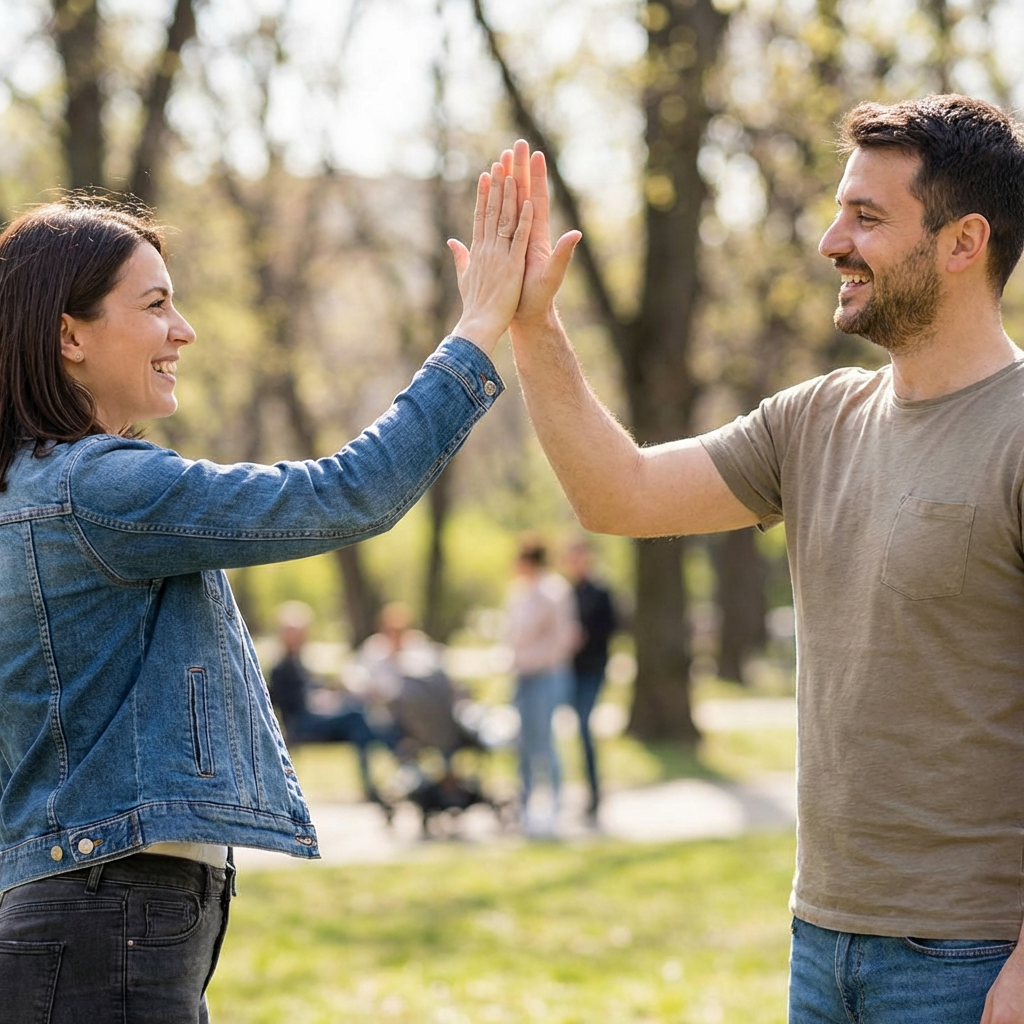 Two people doing a high-five, palms meeting with all fingers