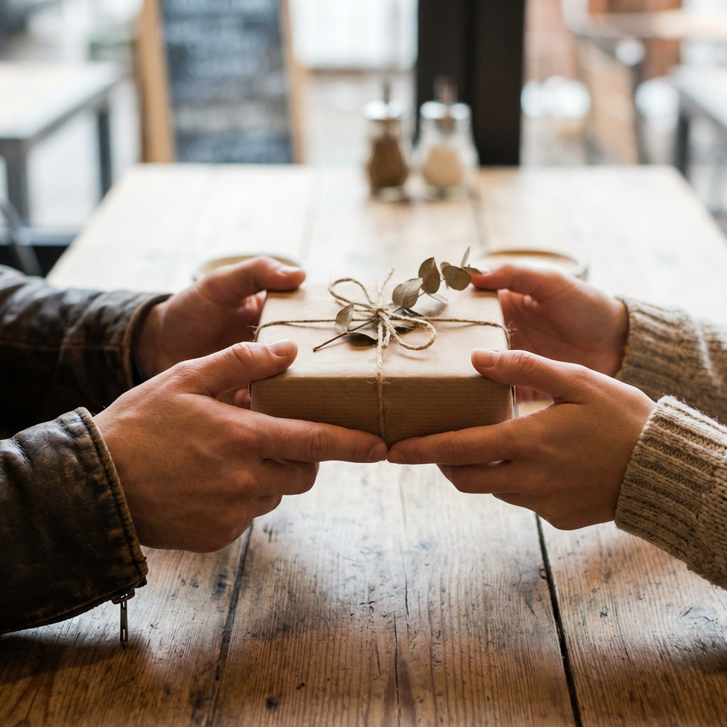 One person handing a small gift box to another person, both 
