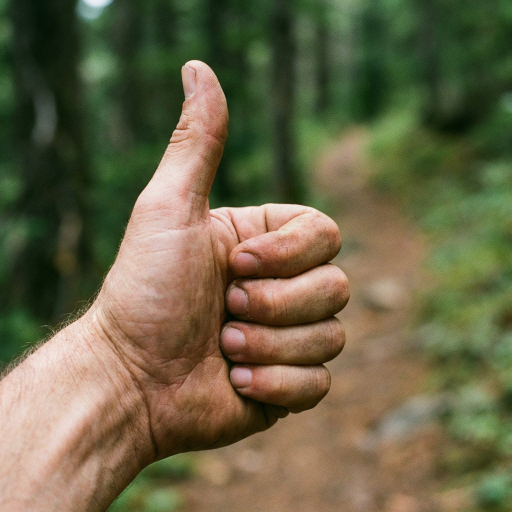 A hand giving a thumbs-up with four fingers curled and thumb