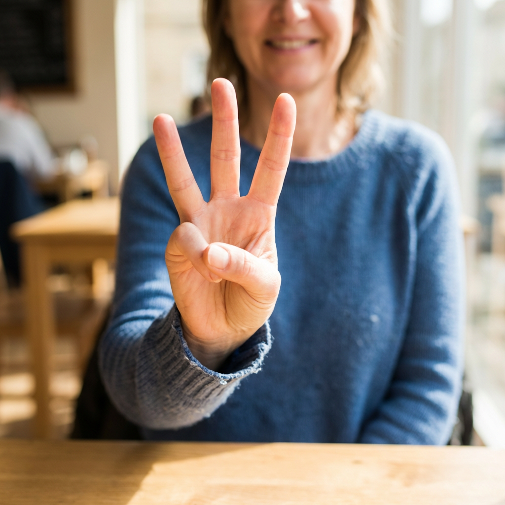 A person counting to three on their fingers, with index, mid