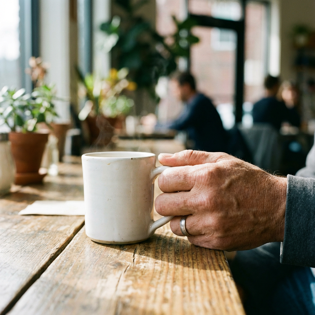 A person holding a white ceramic coffee mug by the handle wi