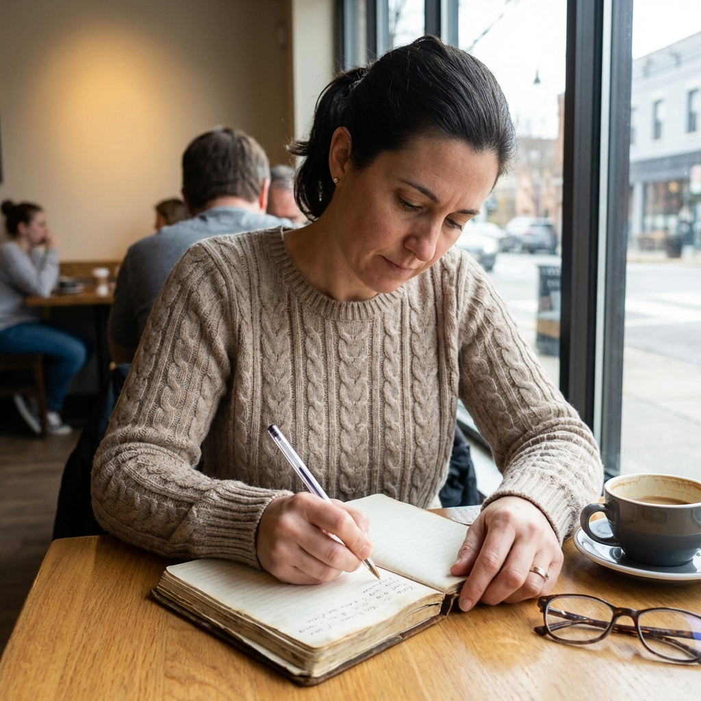 A woman writing in a notebook with a pen gripped correctly i