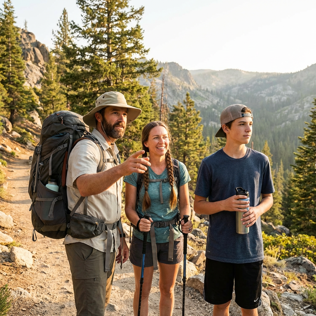 Three hikers on a trail: a man with a backpack and sunhat, a