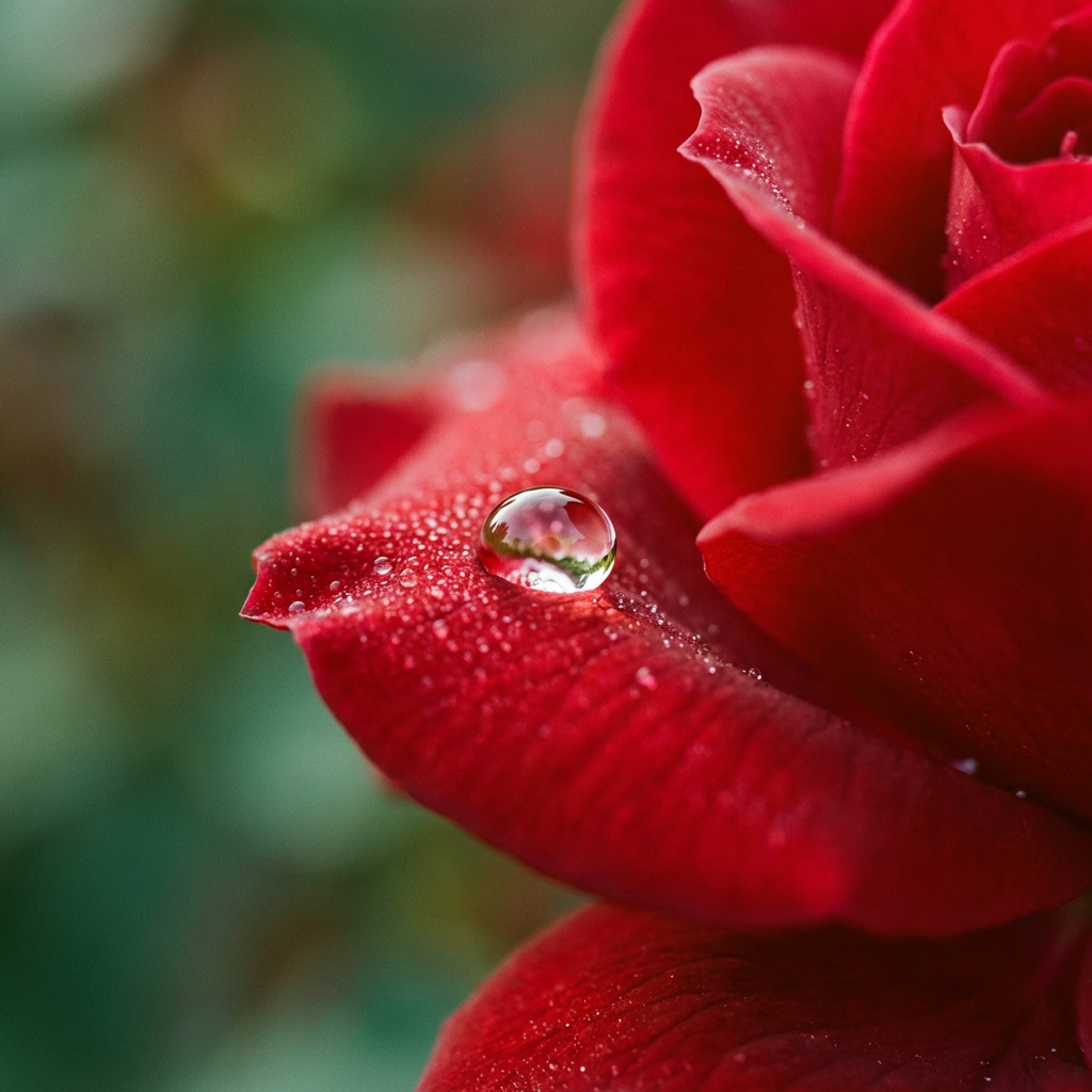 A close-up macro shot of a single dewdrop on a rose petal, s
