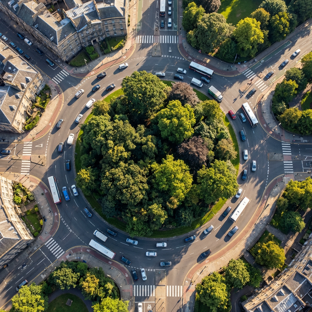 An aerial bird's-eye view looking straight down at a traffic
