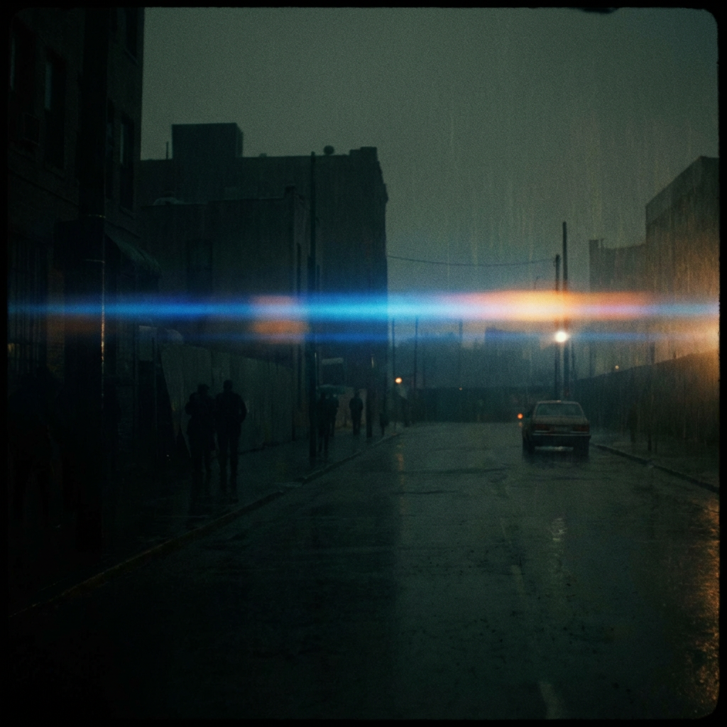 A cinematic frame with blue and orange anamorphic lens flare