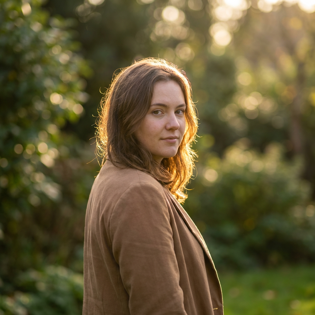 A portrait shot at 85mm f/1.4 with creamy bokeh background, 