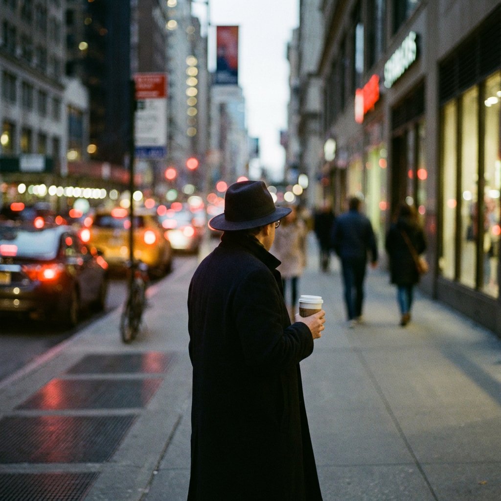 A street photograph with shallow depth of field as if shot a