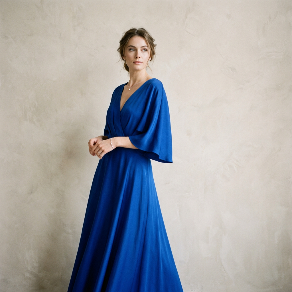 A woman wearing a royal blue evening dress against a neutral
