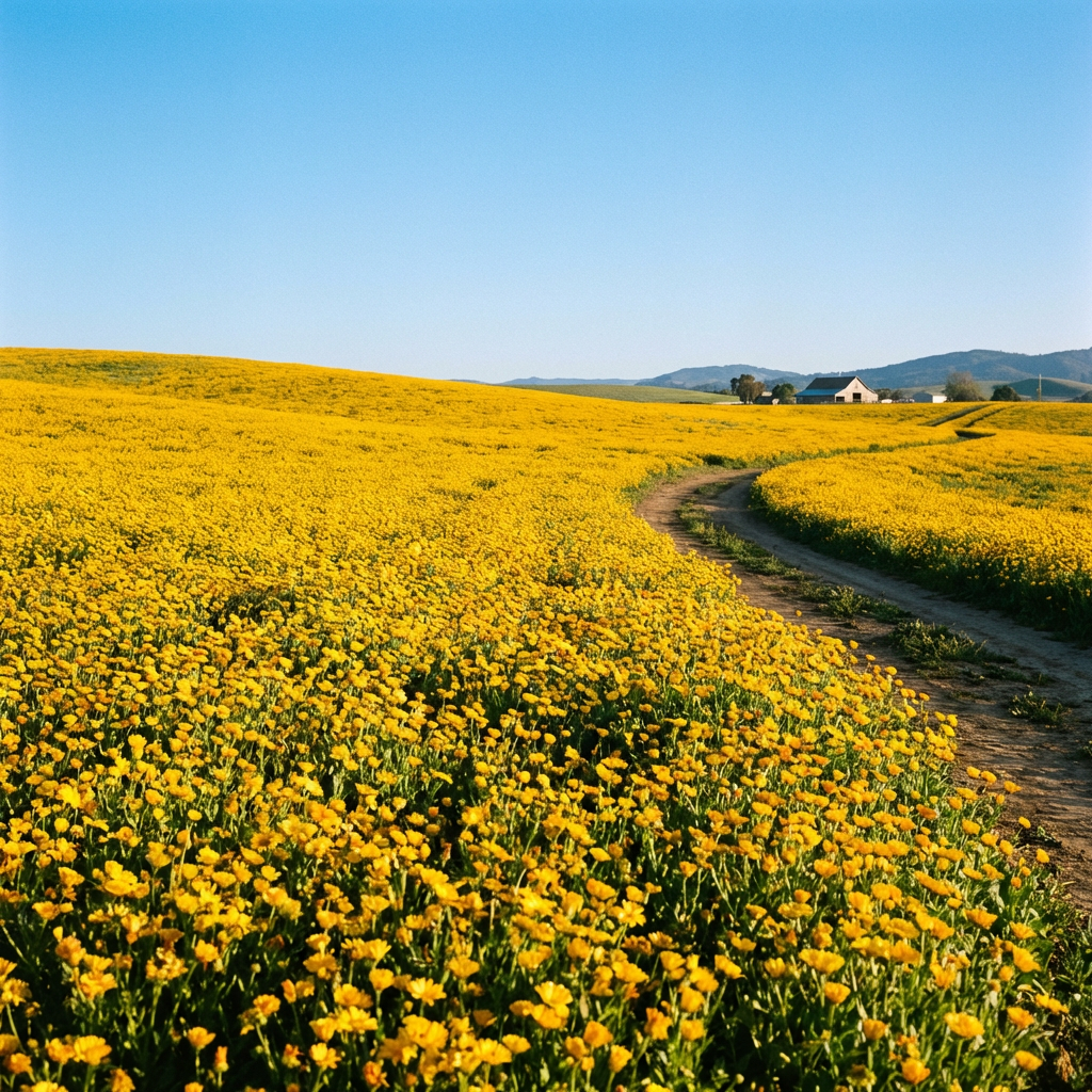 A field of pure sunflower yellow flowers under a clear blue 