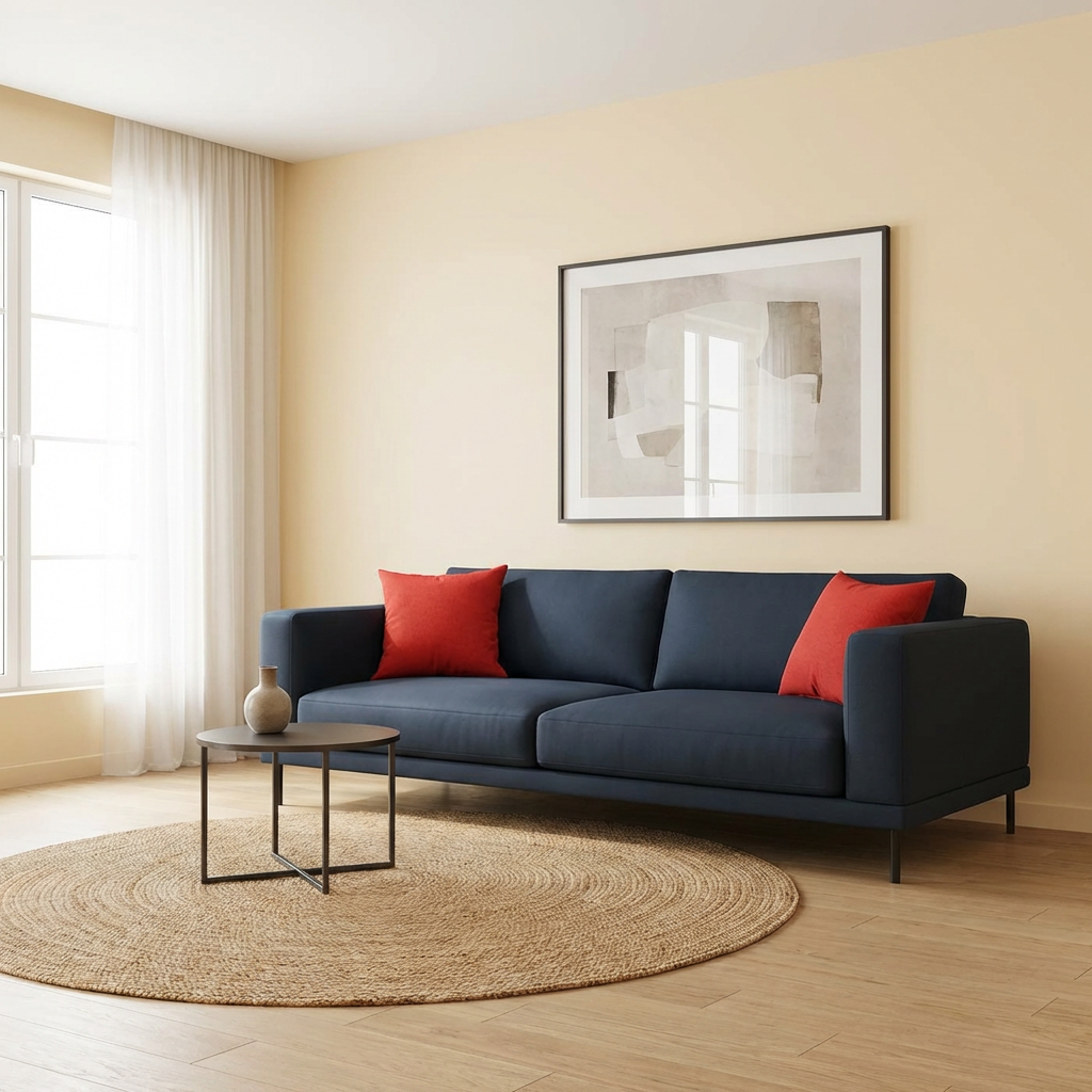 A minimalist room with walls in #F5E6CC (warm cream), a sofa