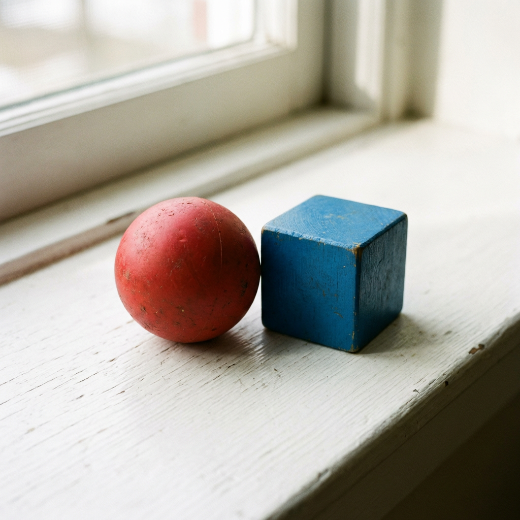 A red ball and a blue cube sitting side by side on a white s