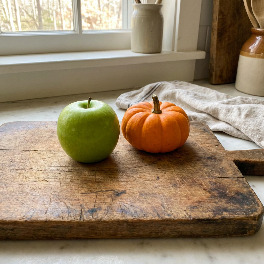 A green apple and an orange pumpkin on a wooden cutting boar