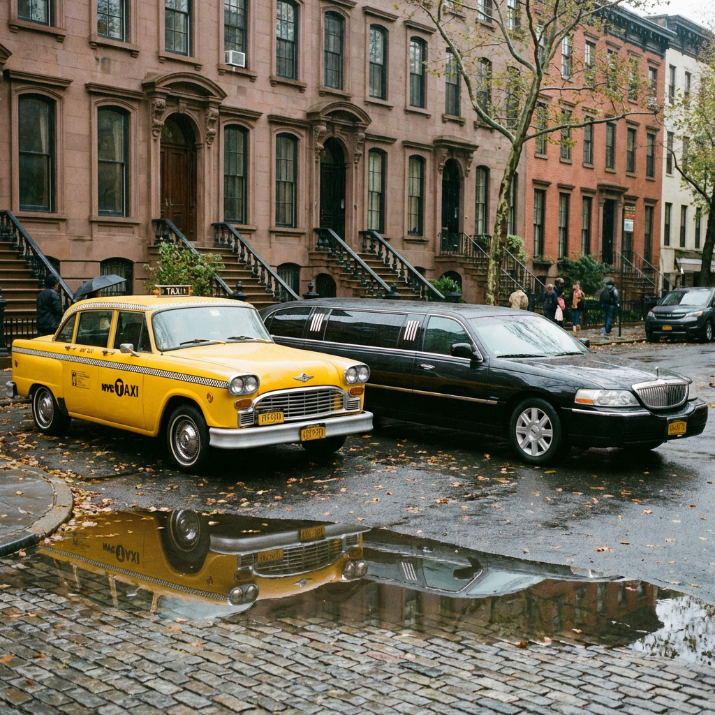A yellow taxi and a black limousine parked next to each othe