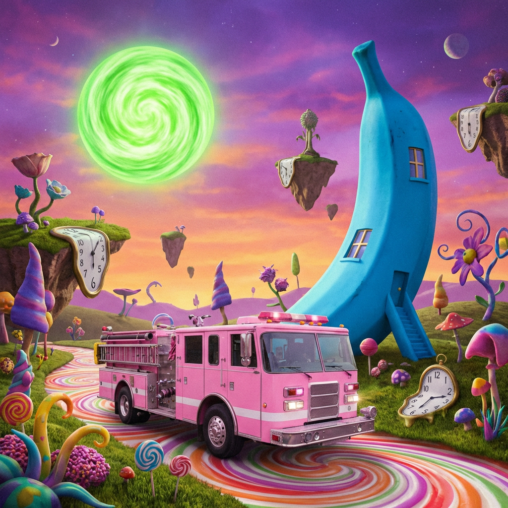 A pink fire truck, a blue banana, and a green sun in a surre